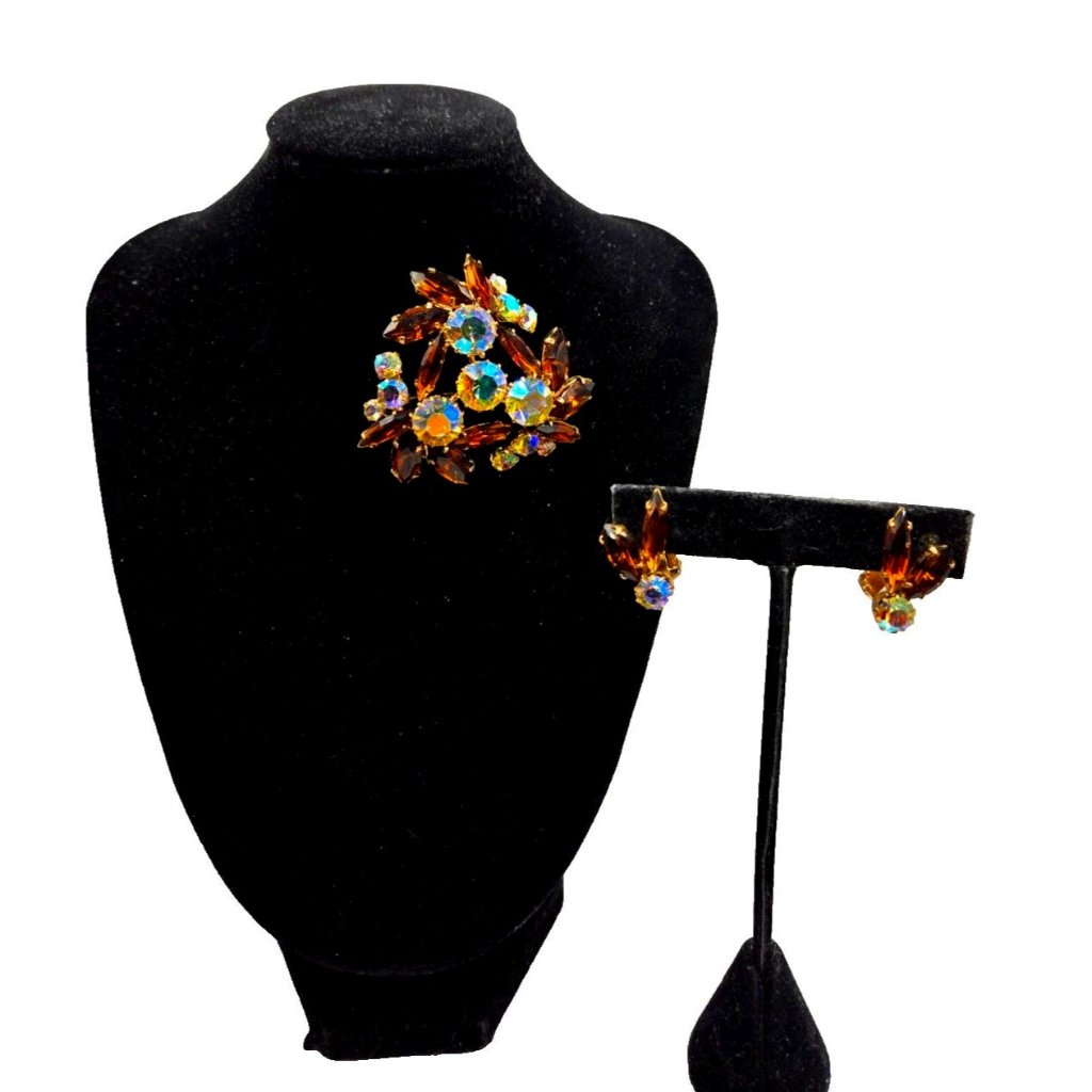 Vintage Amber Tones Navette & Aurora Borealis Rhinestone Brooch And Earring Set
